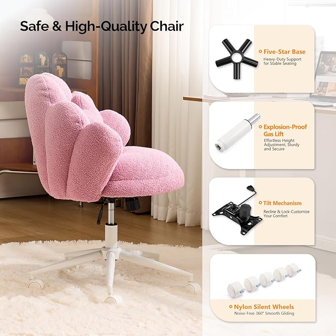 VINGLI Cute Petal Vanity Desk Chair with Star Pillow, Armless Swivel Chair in Vibrant Color-Blocking, Height Adjustable Modern Computer Task Chair for Bedroom & Home Office, Teddy Fleece,Purple