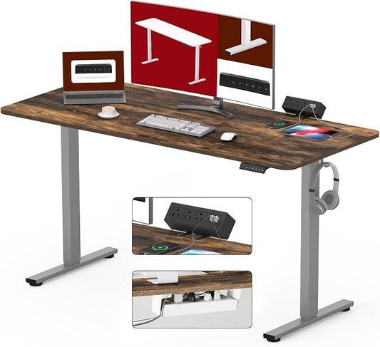 SANODESK Electric Standing Desk with Desk Clamp Power Strip 55"x 28" Whole-Piece Desktop Height Adjustable Stand Up Desk with Cable Management Sit Stand Home Office Desk Silver Frame/Rustic Brown Top