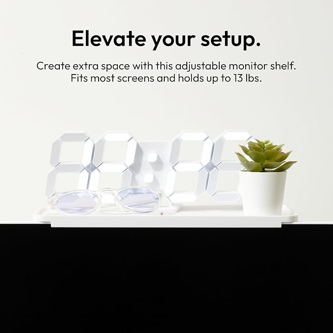 Pixio 12 inch White Monitor Storage Top Shelf - Adjustable Platform, Universal Fit, Holds Up to 13lbs, Works on TV, Flat, Curved Monitors, Storage for Webcams, Clocks, Phone, Figures