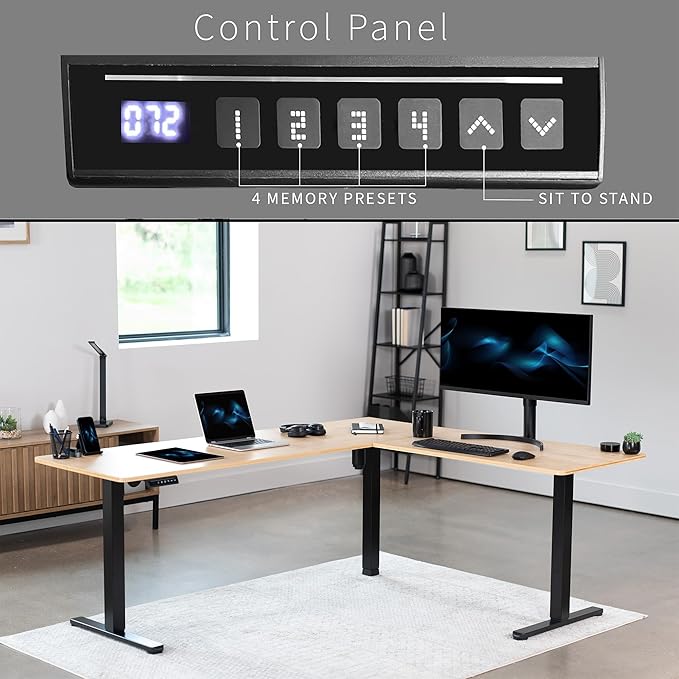 VIVO Corner Standing Desk, 75 x 63 inch Reversible L-Shaped Workstation, Electric Height Adjustment, Home, Office, and Reception Rooms, Real Bamboo Table Top Black Frame, DESK-E3CTBO-75