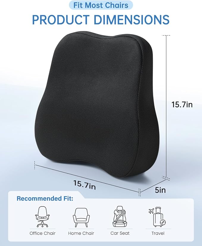 Vekkia Lumbar Support Pillow for Office Chair - Back Support for Car | Lumbar Cushion with Adjustable Straps & Mesh Cover/Lower Back Pain Relief for Office Workers, Drivers, Gamers & Travelers