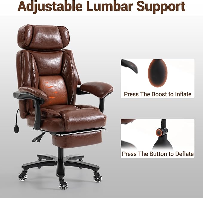 750 LBS Big and Tall Executive Home Office Chair w/Footrest, Black | PU leather, Built for Heavy People, Lumbar Airbag, High Back, Wide Seat, Reclining 90°-155°, Home Office Gaming Room