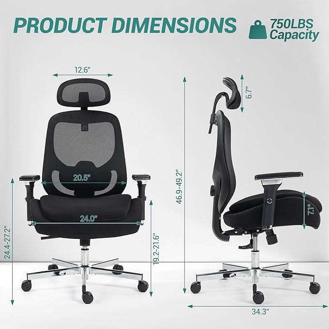 Big and Tall Office Chair 750lbs, Heavy Duty Ergonomic Mesh Desk Chair, 500+lbs Capacity, Extra Wide Seat, High Back Executive Computer Chair for Heavy People, Black & Grey