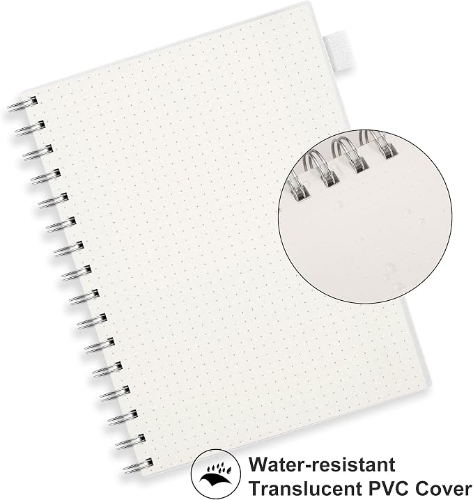 RETTACY Dotted Journal Notebook, 300 Pages, A5 Medium Size (5.7'' × 8.2''), 100 GSM Thick Paper, Flexible Plastic Cover, Spiral-bound, for Journaling, Planning, Tracking (Transparent)