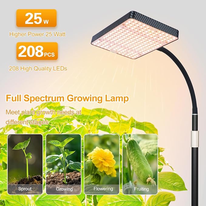 FECiDA 2026 Floor Grow Light, Standing Grow Lights with Stable Round Base for Tall Indoor Plants, Bonsai Tree, Monstera, 4/8/12/16/20 Hr Timer, 25 Watt Power Draw, NO Need Adapter, 40"-76" Adjustable
