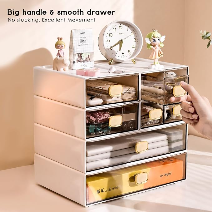 2 PACK Desk Organizer with Drawer Stackable Storage Drawer Small Desktop Drawer Plastic Clear Desk Organization Storage Box for Accessories, Markers, Clips, Cables (White,M-2 Drawer,Pack of 2)
