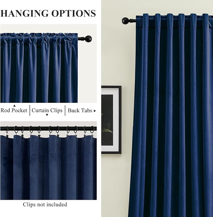 108 Inch Extra Long Blackout Velvet Curtains for Bedroom Living Room, Thermal Insulated Room Darkening Curtain Super Soft Luxury Drapes, Back Tab & Rod Pocket, W52 x L108, Navy Blue, 2 Panels