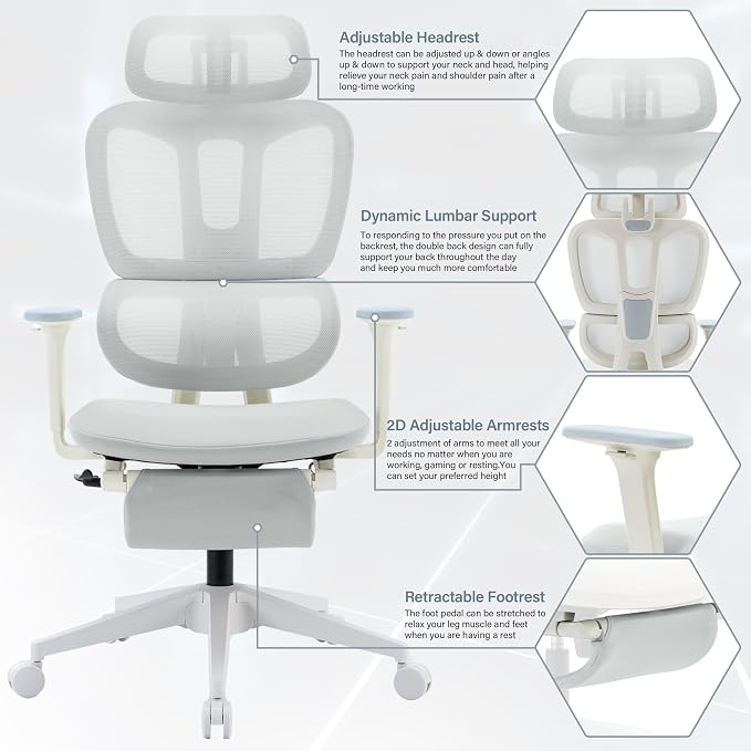 Ergonomic Office Chair with Retractable Footrest, Light Grey | High Back Design, Dynamic Lumbar Support, 2D Headrest & 2D Armrests, Breathable Mesh Back for Home Office