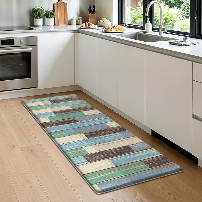 LOKHOM Anti Fatigue Kitchen Mats for Floor, 24x59 Non Slip Modern Cushioned Standing Comfort Kitchen Runner Rug, Waterproof Geometric Patchwork Memory Foam Padded for Sink Laundry Office, Teal