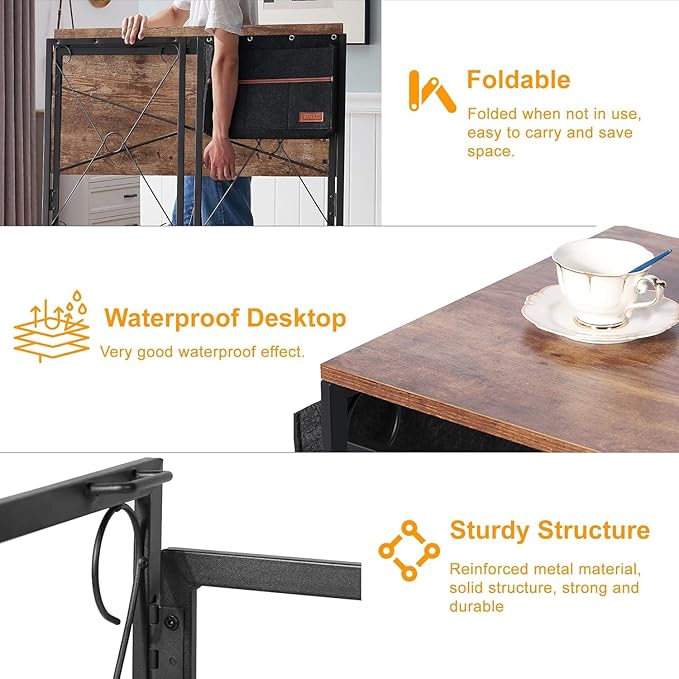 VECELO Folding Desk with with USB Charging Port 39 Inch Writing Desk with Storage Bag Sturdy Steel Laptop Table for Home Office Work Retro Brown