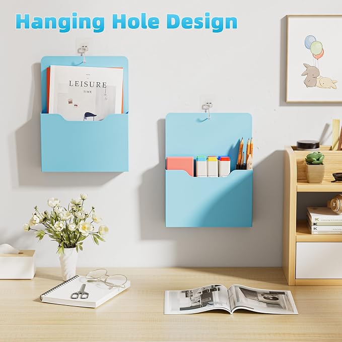 Marbrasse 2 Pack Magnetic File Holder - Paper Holder, Pocket Organizer,Hanging Wall File Organizer Office Supplies Storage, Magazine Mail Organizer Case for Notebooks,Planners,Letter (Blue)