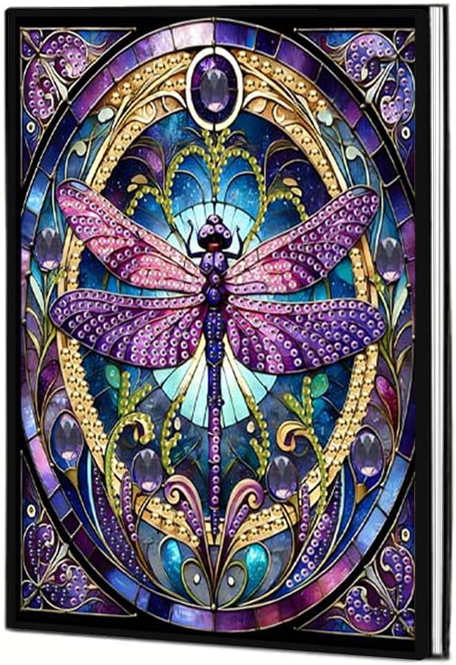 FRANDEK Pearl Painting Notebook Kit, Purple Dragonfly A5 DIY Journal with 50 Blank Pages, Diamond Gem Art Cover with Waterproof Canvas, Beginner Craft Set with Full Tools for Adults