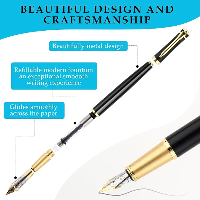 Andibro Luxury Metal Fountain Pen Set, 0.5 mm Fine Nib Fountain Pen with 6 Pcs 2.6mm Black Ink Cartridges Smooth Writing Pen Gift for Men Women Business Office Journaling