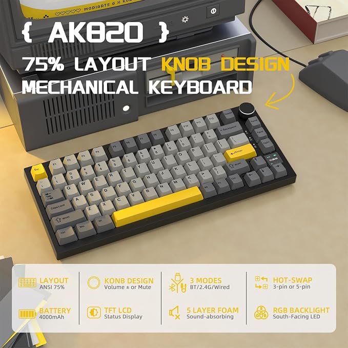 Attack Shark ajazz AK820 Pro Wireless Mechanical Gaming Keyboard Hot Swappable TFT Display & Knob RGB Backlit BT 5.1/2.4Ghz /Type-C Wired Gasket-Mounted Custom Keyboard for PC/Win(Black/Fish Switch)
