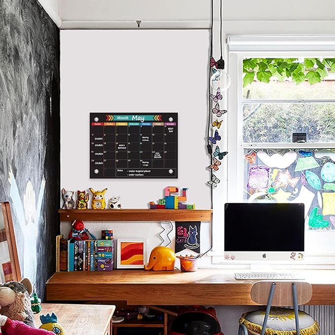 Glass Dry Erase Whiteboard, Color Monthly Calendar Whiteboard, 12" x 16",Frameless Glass White Board for Home, School, Office, Black Surface(Boli-Color-3040)
