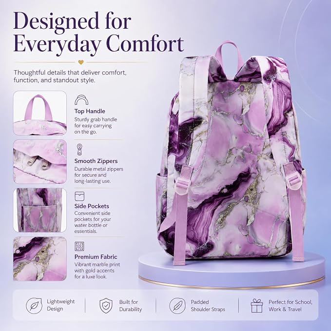 Bluboon Teen Girls School Backpack Kids Bookbag Set with Lunch Box Pencil Case Travel Laptop Backpack Casual Daypacks (Purple Marble)