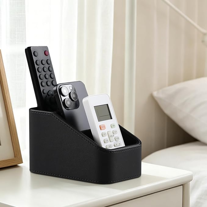 PU Leather Remote Control Holder, Small Desk Organizer Office Supply Bedside Caddy for Nightstand End Table Couch, Pen Remote Organizer with 3 Compartments (Black)