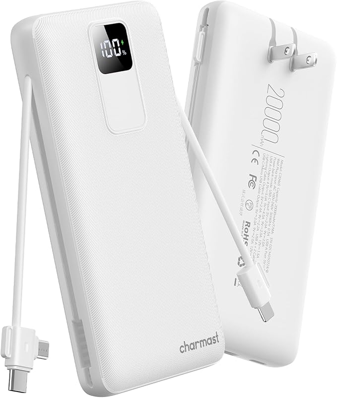 charmast Portable Charger with Built-in Wall Plug and Cables, 20000mAh Power Bank Travel Essentials, 20W Fast Charging Battery Pack Compatible with iPhone 17/16/15/14/13/12/11, Samsung, Android