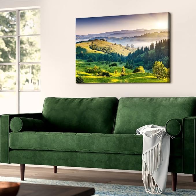 Sunrise Mountain Wall Art Misty Forest Landscape Canvas Picture Living Room Decor 24x36", Modern Large Green Nature Scenery Prints Painting Framed Artwork for Bedroom Bathroom Office Home Decoration