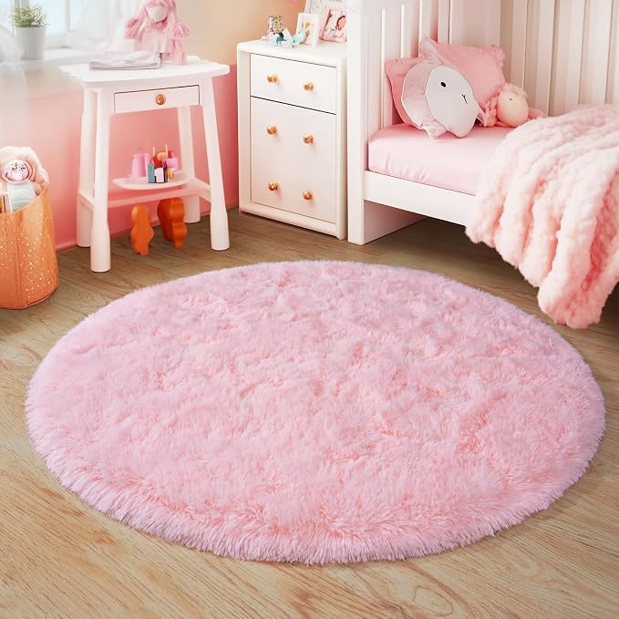3'x3' Round Pink Rugs for Girls Bedroom, Ultra Soft Fluffy Circle Rug for Kids Room, Cute Small Shag Rugs for Living Room Playroom Tent Castle Home Decor Rug
