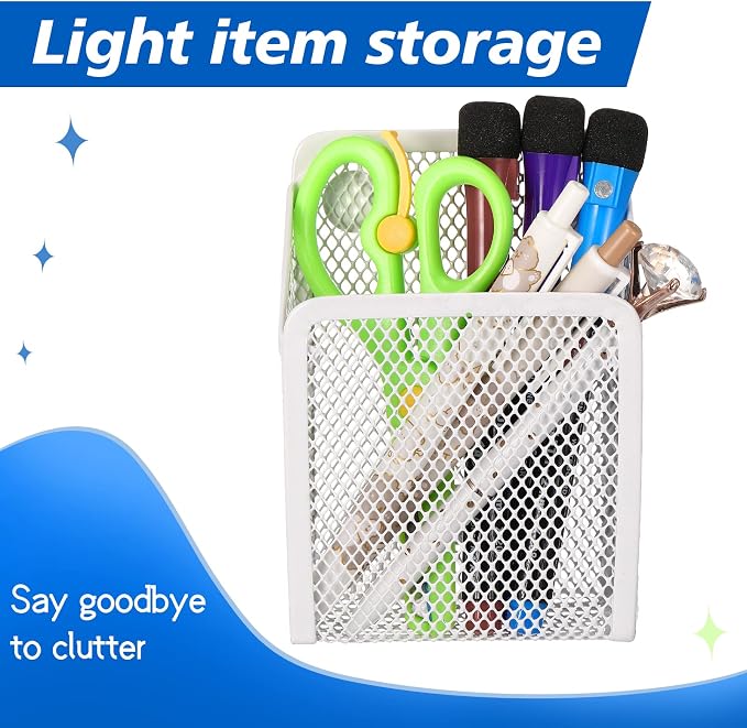 Fuutreo 2 Pcs Large Magnetic Pencil Holder Mesh Stainless Steel Pen Basket Metal Marker Cups Storage Organizer for Fridge Whiteboard Blackboard Kitchen Refrigerator Locker Home Office School, White