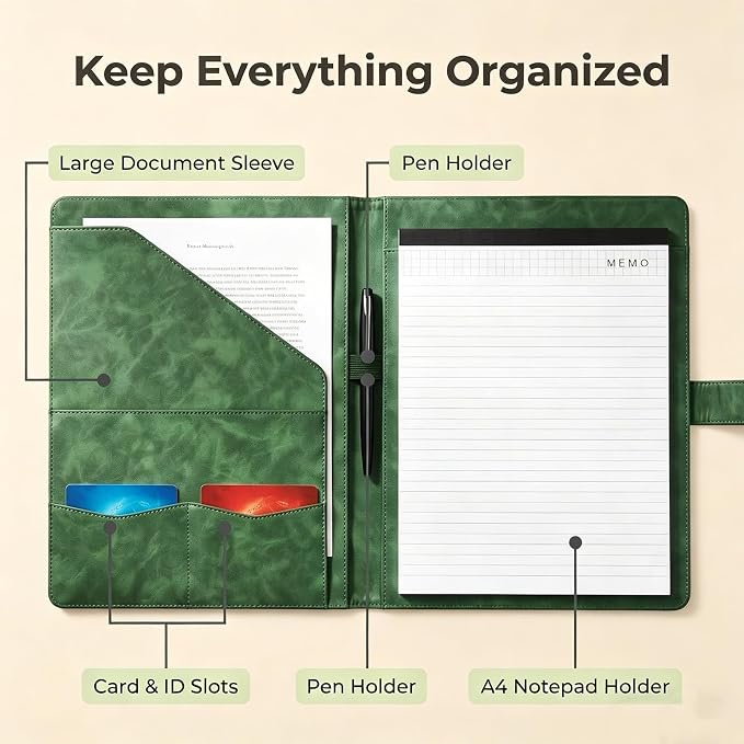 Portfolio Padfolio Binder, Faux Leather Professional Document Organizer with Business Card Holder, Letter-Sized Notepad Legal Pad Holder, Durable Executive Folder for Interviews, Meeting (Green)