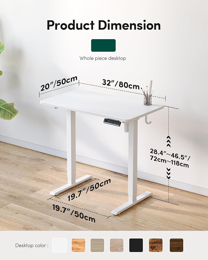 CubiCubi 32 x 20 Small One-Piece Standing Desk, Adjustable Height Electric Computer Home Office Sit Stand up Workstation, with 4 Memory Presets, Headphone Hook, White