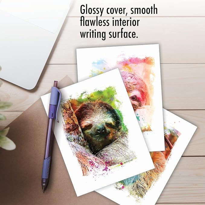 The Best Card Company Animal Assorted Watercolor Blank Greeting Card Box Set - Incl. 10Unique Notecards Designs + Envelopes, Thank You, Invitations- Funky Rainbow Sloth AM6866OCB-B1x10