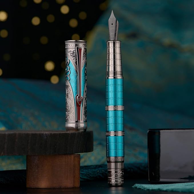Hongdian D5X Fountain Pen Turquoise Color Fine Nib, Qin Dynasty Retro Chinese Totem Engraving Smooth Writing Pen with Converter and Pen Box Set
