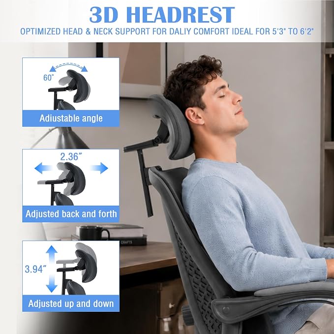Ergonomic Office Desk Chair with Foot Rest - Adjustable Lumbar Support & Headrest, 90-160° Reclining Mesh Back Computer Chair - Home Office/Gaming for Adults, 400lbs Capacity (Gray)