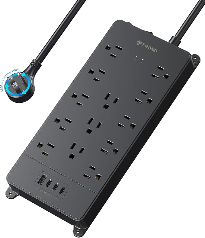 TROND 360° Rotating Flat Plug, Surge Protector Power Strip, 13AC Widely Spaced Outlets Expansion with 3 USB C Ports, 4000J, 5ft Extension Cord Heavy Duty, Wall Mount, Under Desk, ETL Listed, Black