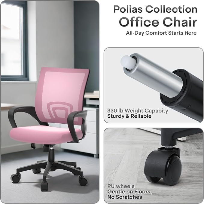 Ergonomic Mesh Office Chair, Heavy Duty 330 Lb Capacity 1 Pack, Pink | Mid-Back Desk Chair, Rolling Wheel, Breathable Mesh Backrest & Lumbar Support, Adjustable Height, Sponge Seat for Home Office