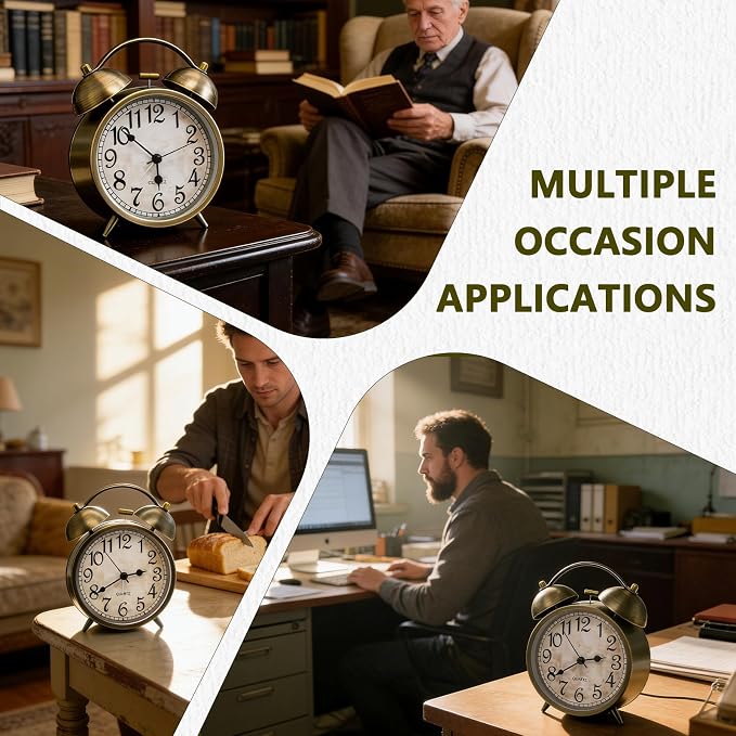 Vintage Twin Bell Alarm Clock - 4.5'' Non-Ticking Analog Desk Clock | Silent Antique Brass Finish, Retro Table Clock for Bedroom Office Home Decor, Battery Operated Loud Alarm for Heavy Sleepers