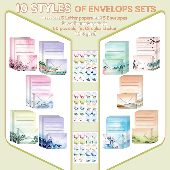 TaoBary 160 Pcs Stationery Paper Set 50 Double Sided Stationery Papers with 50 Matching Envelopes and 60 Round Dot Sticker, 10 Design(Ink Painting,5.5 x 8.25 Inch)