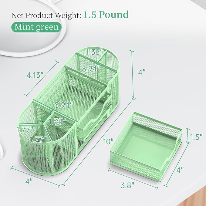 Mesh Desk Organizer, Desk Organizers and Accessories, Pen Holder with Drawers, Pencil Holder for Desk with 2 Drawer for Office Supplies, Mint Green