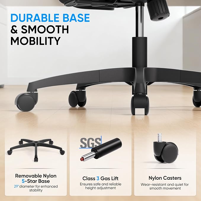 MoNiBloom Ergonomic Office Chair, High Back Mesh Desk Chair for Home, Black | with 3d armrest, high back desk chair, adjustable headrest, lumbar support, recline range from 90 to 145 degrees, L-Shape