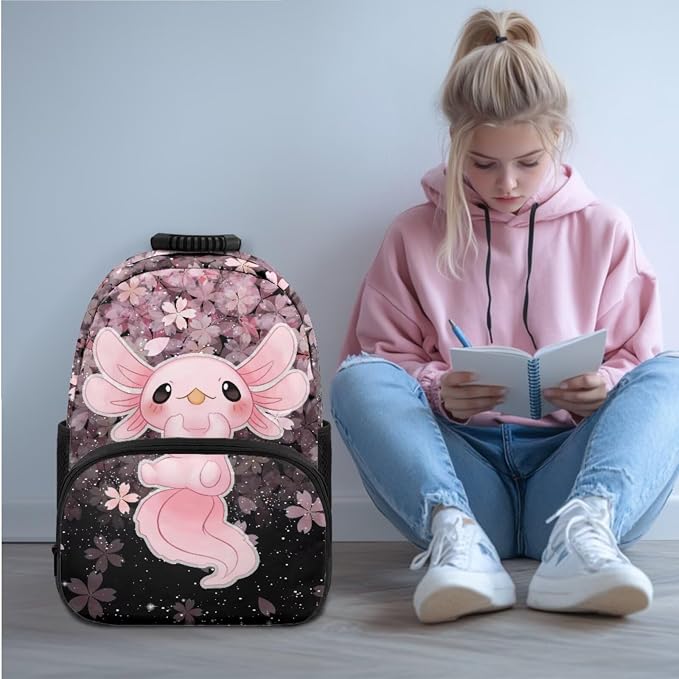Ystardream Cherry Blossom Axolotl Backpack With Lunch Box for Girls Large Elementary Bookbag 17 Inch Laptop School Backpack Sturdy Rucksack with Pencil Case&Water Bottle Sleeve for Teenager Student