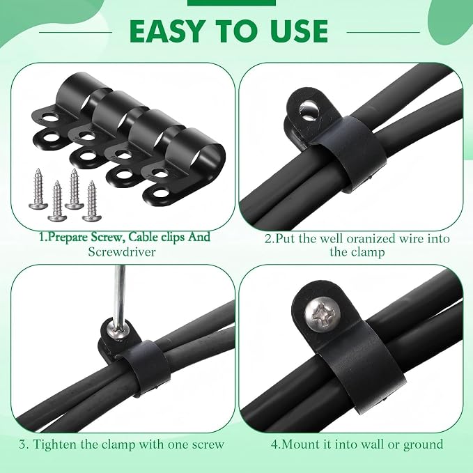 Hicarer 50 Pack R-Type Cable Clip Wire Clamp, Nylon Screw Mounting Cord Fastener Clips with 50 Pack Screws for Wire Management (Black, 1/2 Inch)