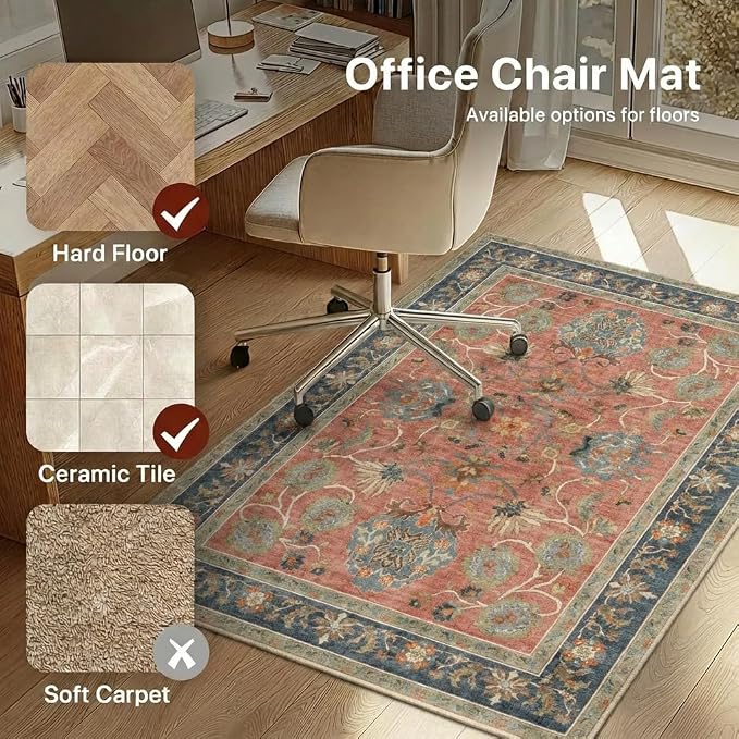 36"x48" Office Chair Mat for Hardwood Tile Floor, Under Desk Carpet Protector for Rolling Computer Chair Mat, Machine Washable Area Rug, Anti-Slip 1/5" Thick Low Pile Thin Vinyl Floor Mat, Antique Red