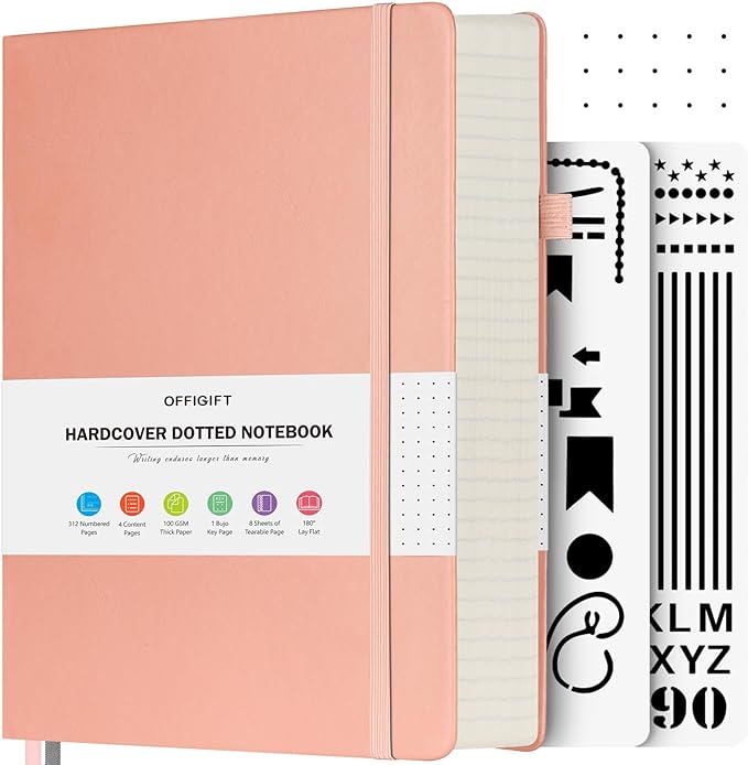 Bullet Dotted Journal Notebook, 312 Numbered Pages A5 Hardcover Leather Journal, 100gsm No Bleed Paper Dot Grid Notebook with Index Pages, Dot Journal for Women Men, 5.75" x 8.38", Pink