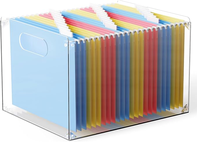 Oterri Large Acrylic File Organizer with Handle, Clear Desktop Box | 3mm Acrylic, Stain-Resistant, With Handle, Holds Letter Docs, Includes Hardware, Office, Home, Classroom, Countertop.