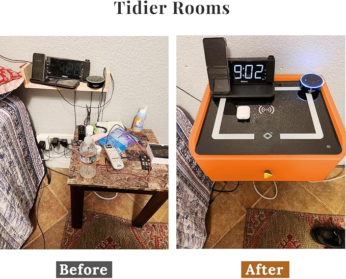 HOMEMORE Floating Nightstand with Charging Station Bedside Table LED Smart Bedside Table Wall Mounted Nightstand Orange