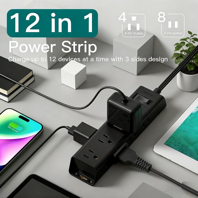 Addtam Power Strip Surge Protector with 12 Outlets, Flat Plug Extension Cord 10FT, Ultra Thin Wall Plug, 3-Side Wide Spaced Outlet Extender, Wall Mount Desk Charging Station for Home Office Garage