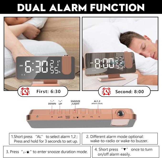 Projection Digital Alarm Clock for Bedrooms, Alarm Clock Radio on Ceiling | USB Charger Port, Temperature & Humidity Display, 7.3” Large Mirror LED Display,12/24H,Snooze,Dual Loud Clock- 4 Dimmer