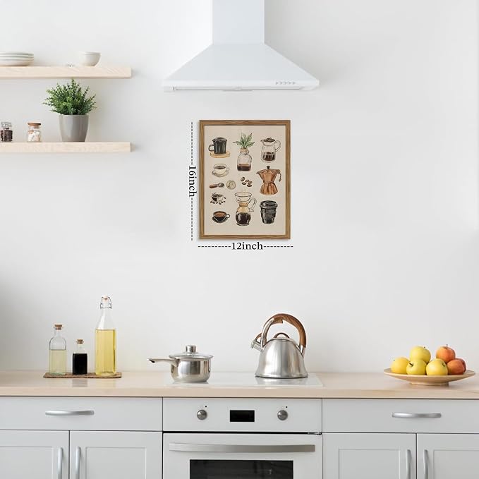 Framed Vintage Coffee Canvas Wall Art, Funky Espresso Coffee Tools Poster Prints, Modern Farmhouse Aesthetic Painting, Retro Kitchen Cafe Living Room Wall Decor for Coffee Lovers 12x16in