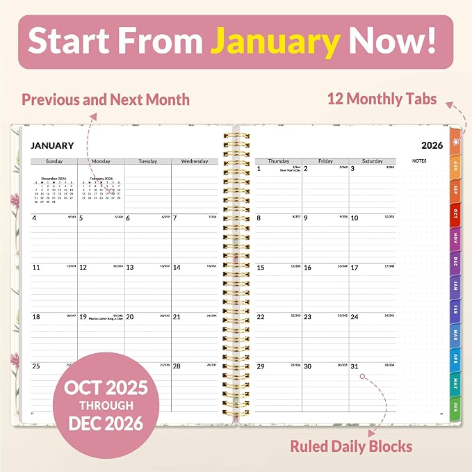 SUNEE 2026 Weekly and Monthly Planner - from January 2026 - December 2026, Daily Agenda Planner with Monthly Tab, Flexible Cover, Note Pages, Pockets, Bookmark, Spiral Binding, Wildflowers, 8.5"x11"