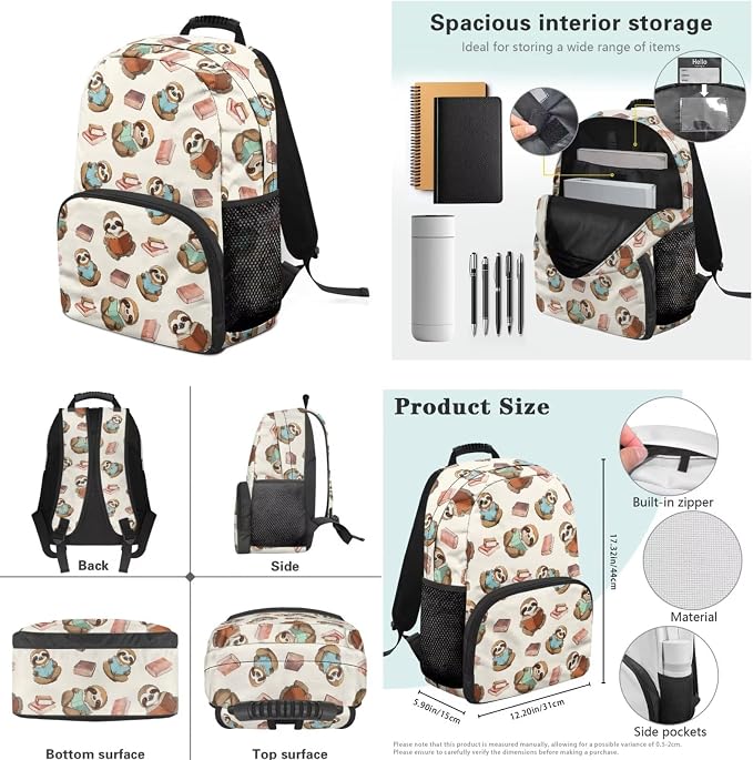Ystardream Funny Sloth Book School Backpack for Girls Backapck with Luch Bag for Kids 17 Inch Elementary School Daypack with Zipper Pencil Case,Water Bottle Sleeve 4 in 1 Set for Little Big Kid