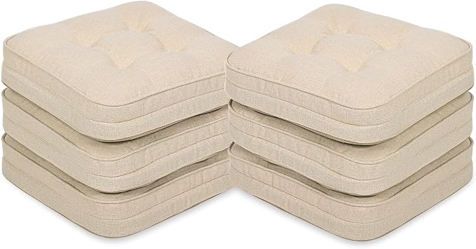 GOFORIT Tufted Shredded Memory Foam Chair Pads，Kitchen Chair Cushions for Dining Chairs,Non-Slip Seat Cushions with Removable Cover, 16'' x 16'', 6 Pack,Beige