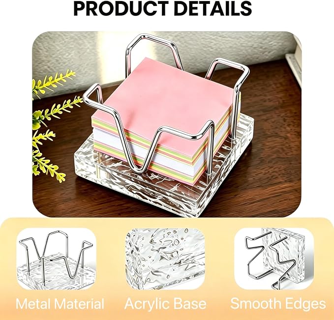 Sticky Note Holder, 3 x 3 inch Self Stick Note Pad Holder, Post It Note Dispenser Desk Accessories for School and Office Desk Organizer, Silver & Clear Acrylic