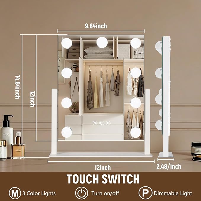 Moonee Vanity Mirror with Lights, Hollywood Lighted Makeup Mirror with 9 Dimmable Bulbs and 10X Magnification 360°Rotation, 3 Color Modes, Aluminum Metal Frame, Light Up Mirror for Tabletop（12" x 14"）
